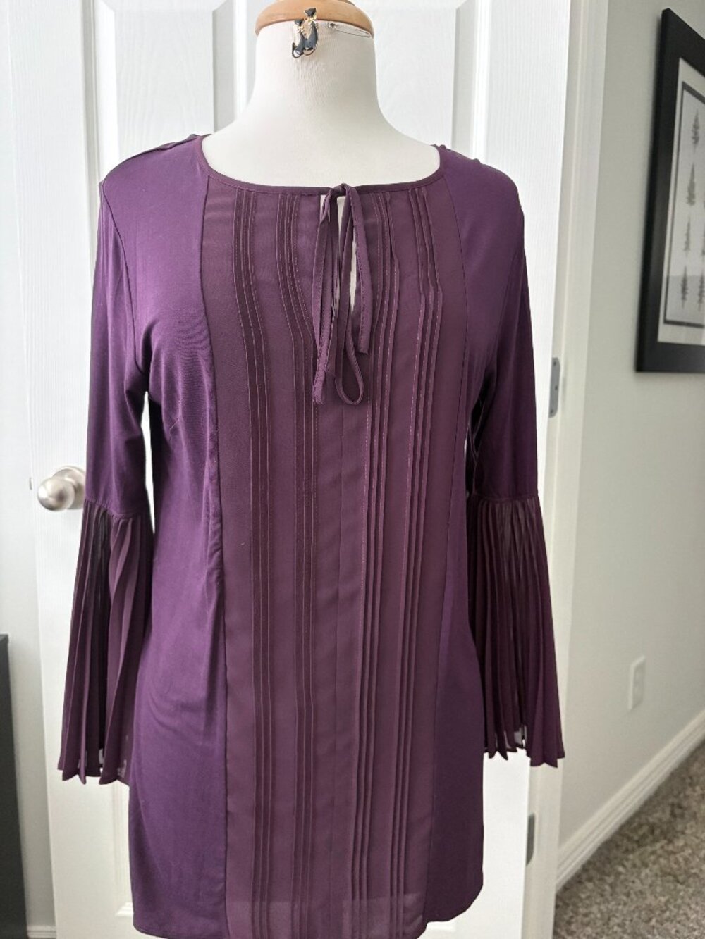 Ruby Ribbon Tunic Top Eggplant Size M Accordion Pleated Bell Sleeves